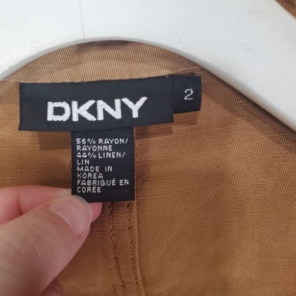 DKNY Blazer Womens SZ 2 Linen Blend Woven Structured Brown Pockets Breathable - Picture 4 of 9